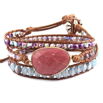 

MD Fashion Beaded Armbander Green/Purple Natural Stones Charm 3 Strands Leather Wrap Bracelets DropShip