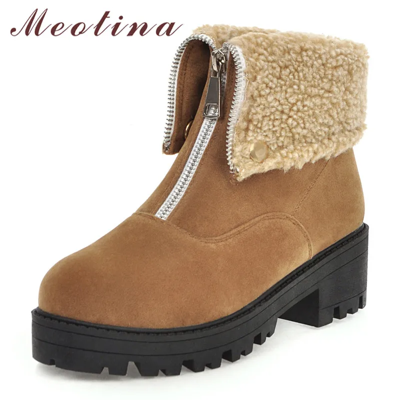 

Meotina Winter Snow Boots Women Zipper Chunky Heels Ankle Boots Warm Plush Round Toe Short Shoes Ladies Autumn Plus Size 34-46