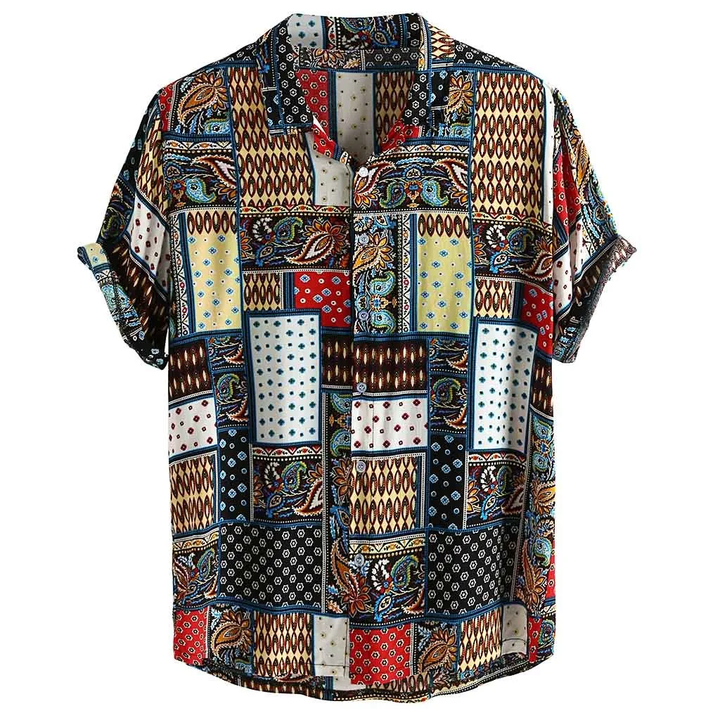

Mens Streetwear Vintage Ethnic Style Printing Hawaiian Shirts Retro Patchwork Loose Short Sleeve Stand Collar Casual Shirt Plus