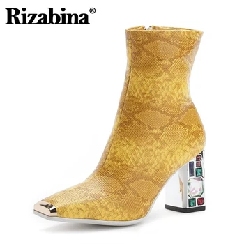 

Rizabina Women Shoes Ankle Boots Square Toe Thick High Heel Crystal Snakeskin Shoes Zipper Winter Shoes Footwear Size 34-48