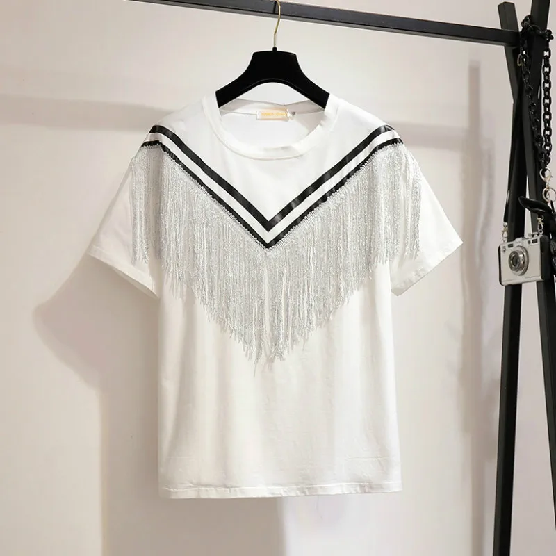Модная женская одежда с круглым вырезом, футболка с бахромой, топ с цветными блоками, летняя футболка с коротким рукавом, Harajuku, большой размер - Цвет: Белый
