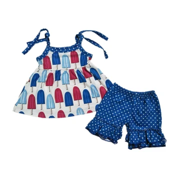 

Summer 2pcs baby girl tunic set 4th July style with popsicles print and blue shorts