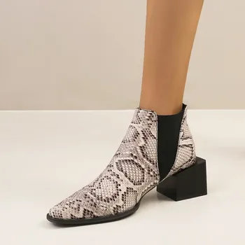 

US4-12 Womens Pointed Toe Snake Pattern Ankle Boots Motorcycle Square High Heel Shoes Warm Winter Plus Size 3Colors K001