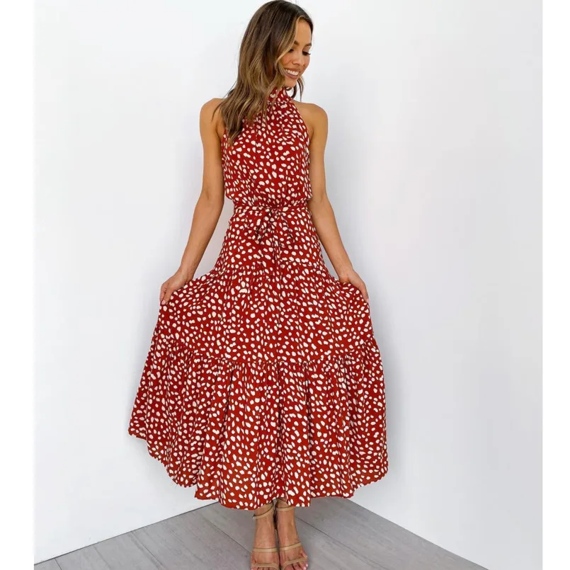 

Boho Dot Printing Spring Elegant Long Dress Strapless Sleeve Dot Print Dress Casual Female Robe 2021 Sexy Chic Party Dresses New