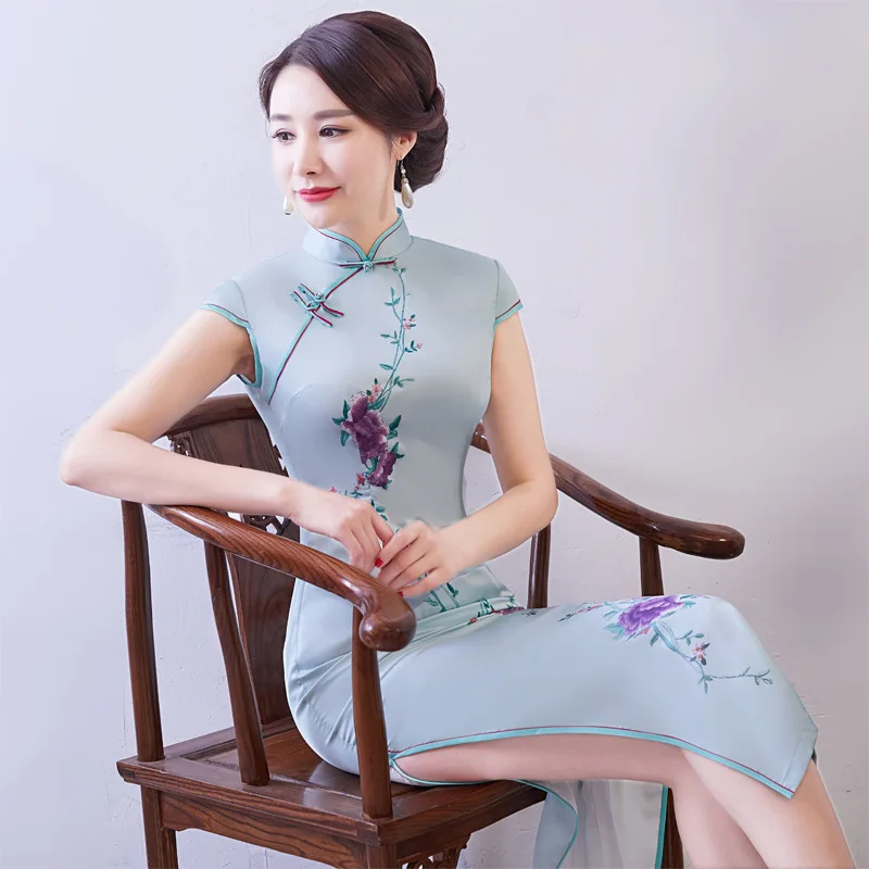 Для женщин, из искусственного шелка Qipao воротник стойка ручной работы Кнопка Cheongsam Новинка китайский формальный печати платье Большие размеры M L XL XXL XXXL