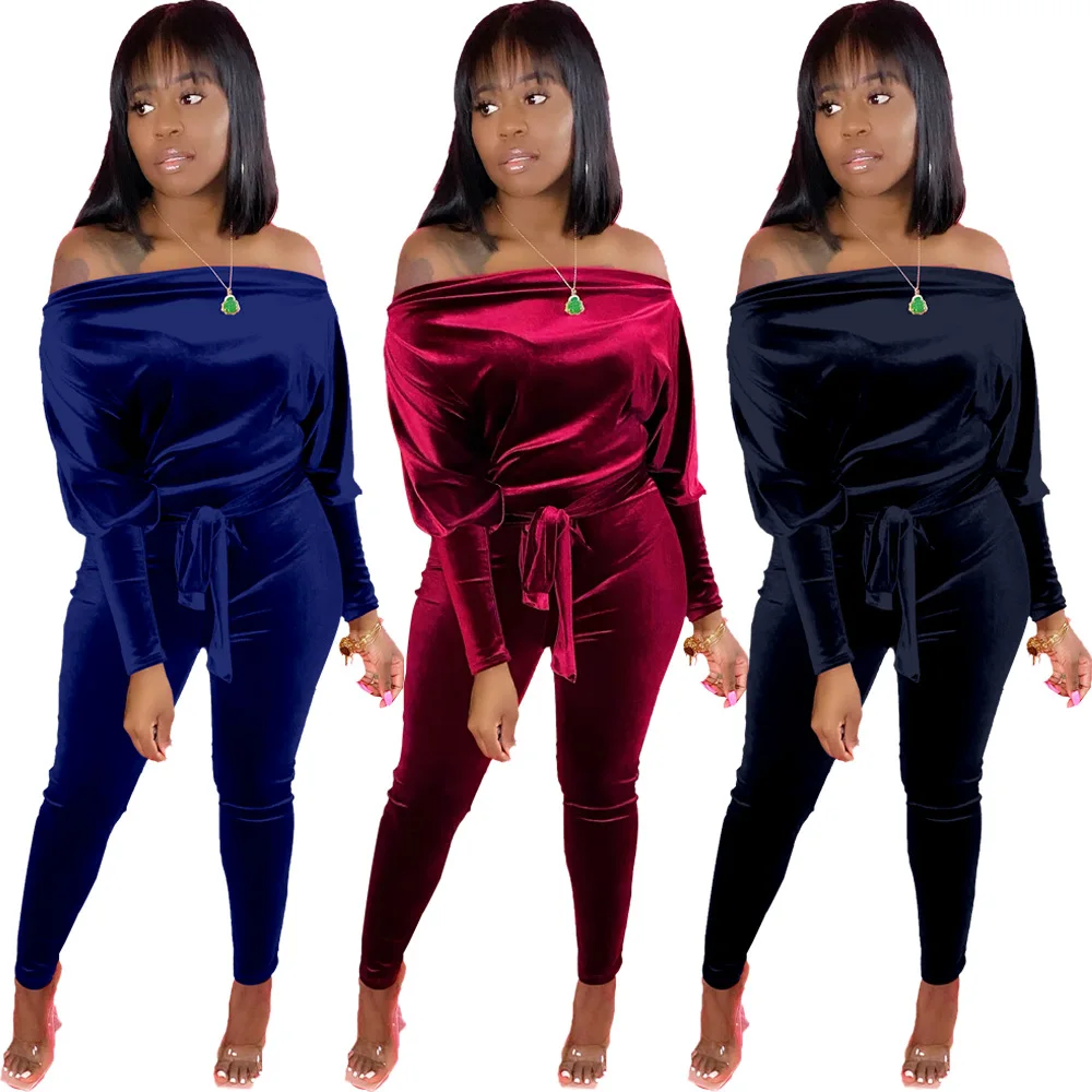 

Echoine Autumn Long Sleeve Off Shoulder Slash Sexy Velvet Jumpsuit for Female Elegant Skinny Bodycon Romper with Belt Overalls