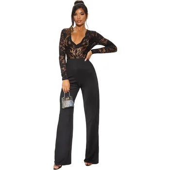 

Women Lace Black Long sleeve Jumpsuits Deep V-Neck Full Sleeve Solid Color Sexy Patchwork Lace Slim Wide Leg Jumpsuit Bodysuit
