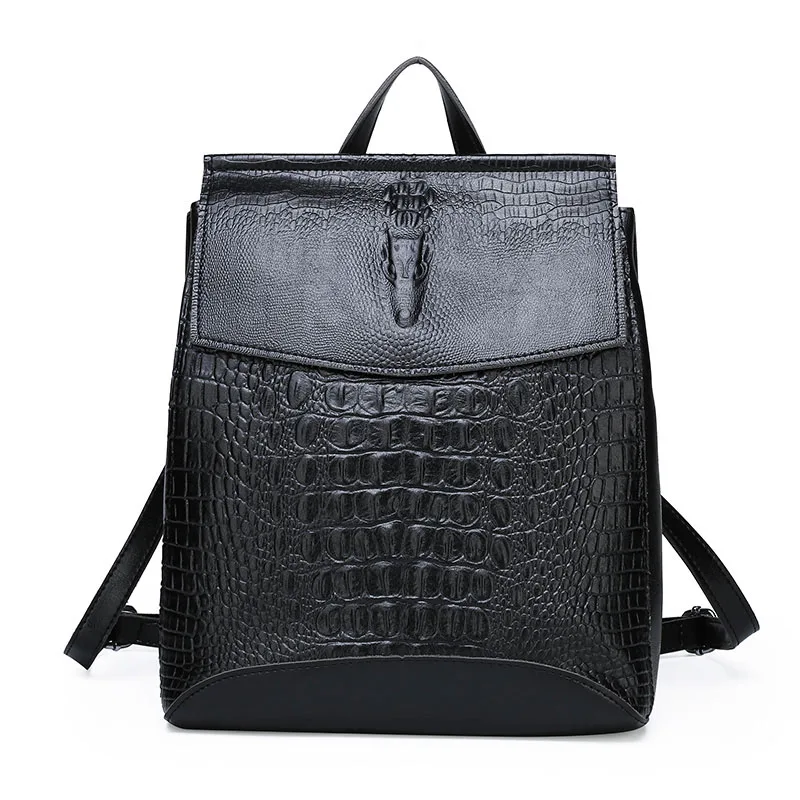 Женские рюкзаки из кожи аллигатора, высококачественные сумки, Женский винтажный большой рюкзак, дорожная сумка на плечо, школьные сумки для девочек - Color: Black