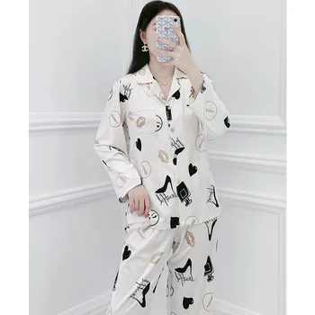

New 2 Pieces Faux Silk Satin Pajamas Set Homwear Autumn Women Sleepwear Long Sleeve Pajamas for womens Nightwear Pj Lounge Sets