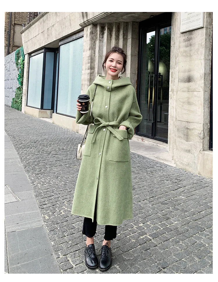 Acz19 Winter Hat Removable Shoulder Green Woolen Jacket Korean-style Loose And Plus-sized Hooded Long Woolen Overcoat