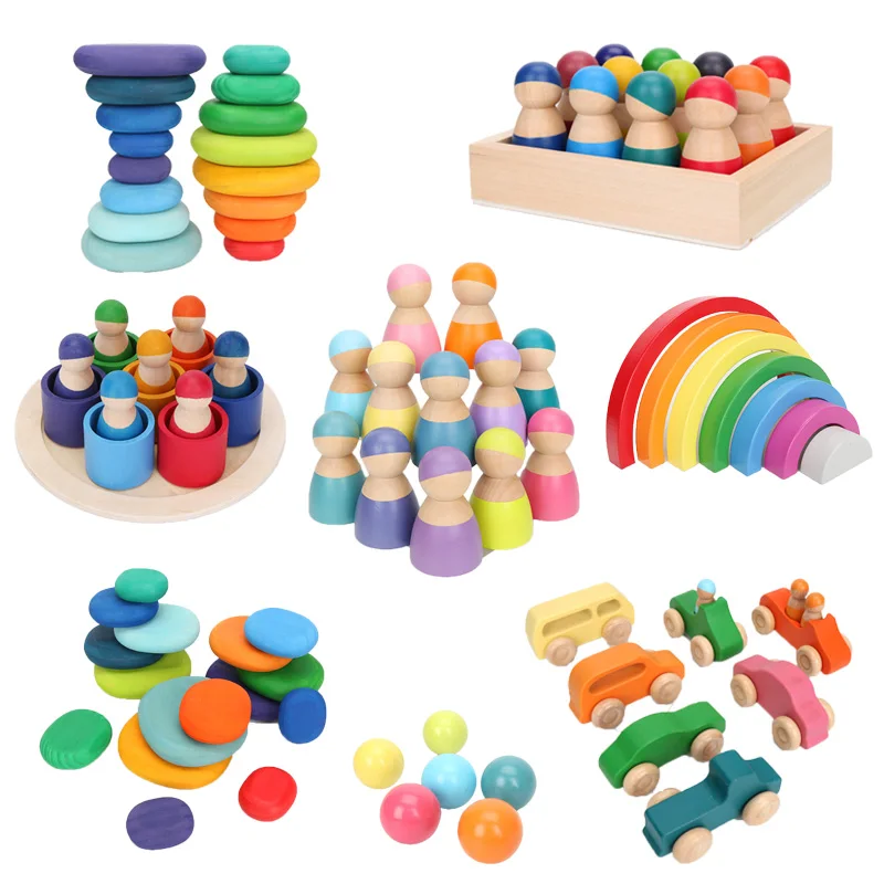 Rainbow Balls & Peg Dolls Wood Building Bricks Toy Accessories for Children 