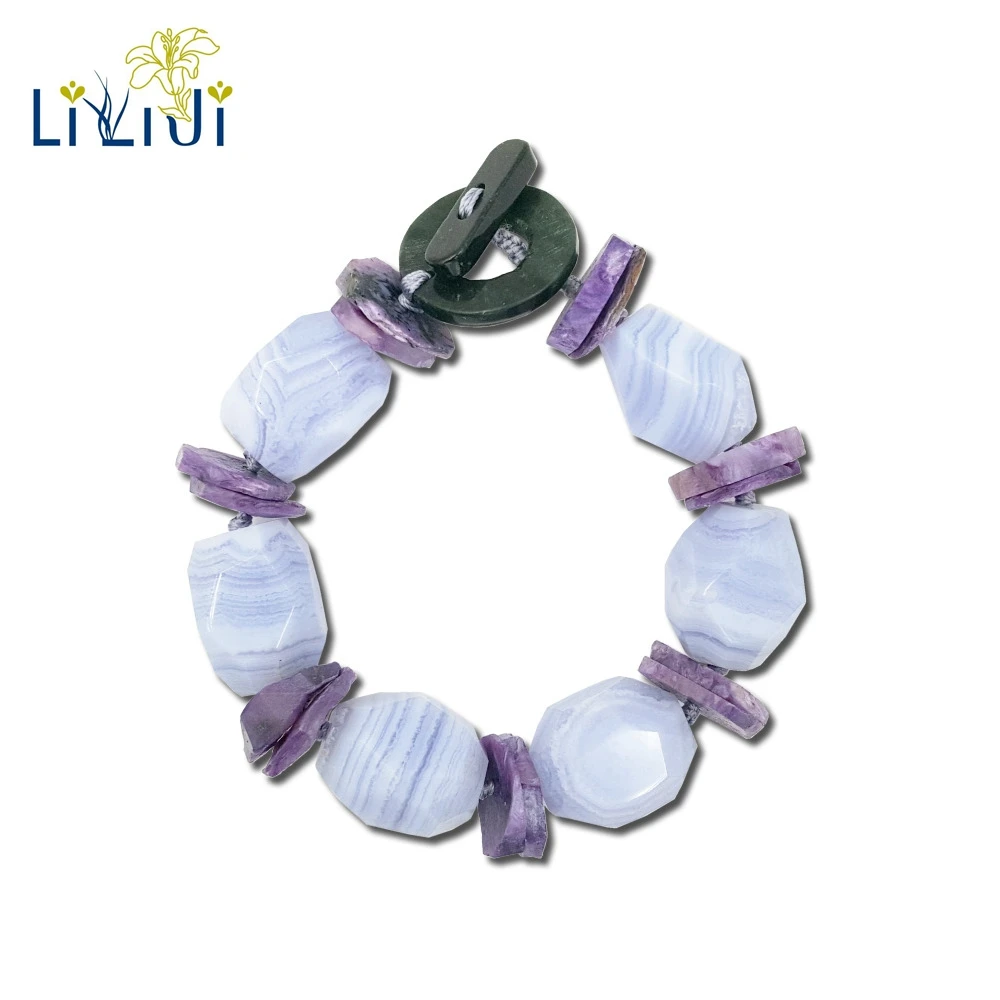 LiiJi Unique Natural Stone Blue Lace Agates Charoite Toggle Clasp Bracelet Fashion Jewelry | Украшения и аксессуары
