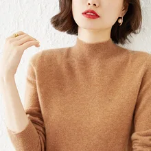 

Sweater Women 2021 Autumn Winter Brown Mock Neck Stretch Bottoming Shirt Solid Slim Female Knitted Pullovers Cashmere Sweater