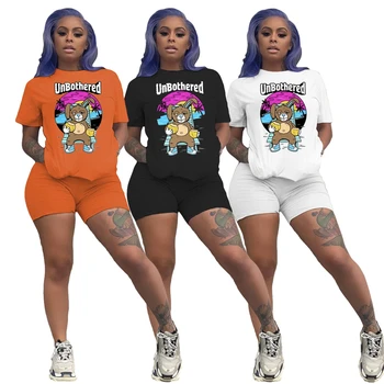 

White Black 2 Piece Set For Women Summer Outfit Cartoon Print Two Piece Biker Shorts Set T Shirt Ladies Tracksuit Matching Set