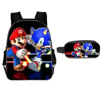 

2Pcs/Set Mario Backpack Hot Sonic Bro School Bags For Boys&Girls kids Primary Bagpack With Pencil Case