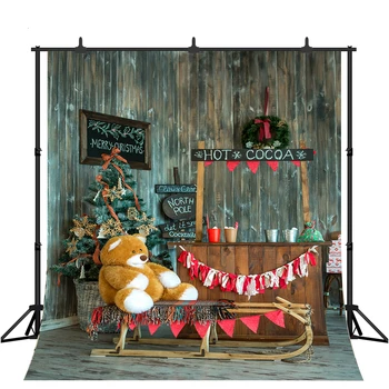 

Photography Backdrop Christmas Tree Hot Cocoa Cart Gifts Sled Garland Wood Wall Interior Photo Background Party Studio