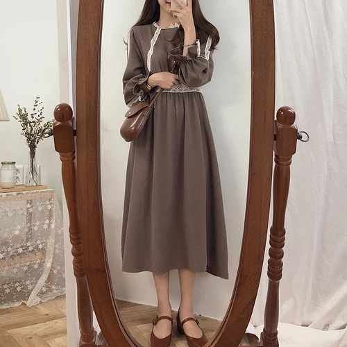 

Korean Long Sleeve Lace Women Derss Casual High Waist Patchwork Women Clothes 2019 Retro Dresses Artistic