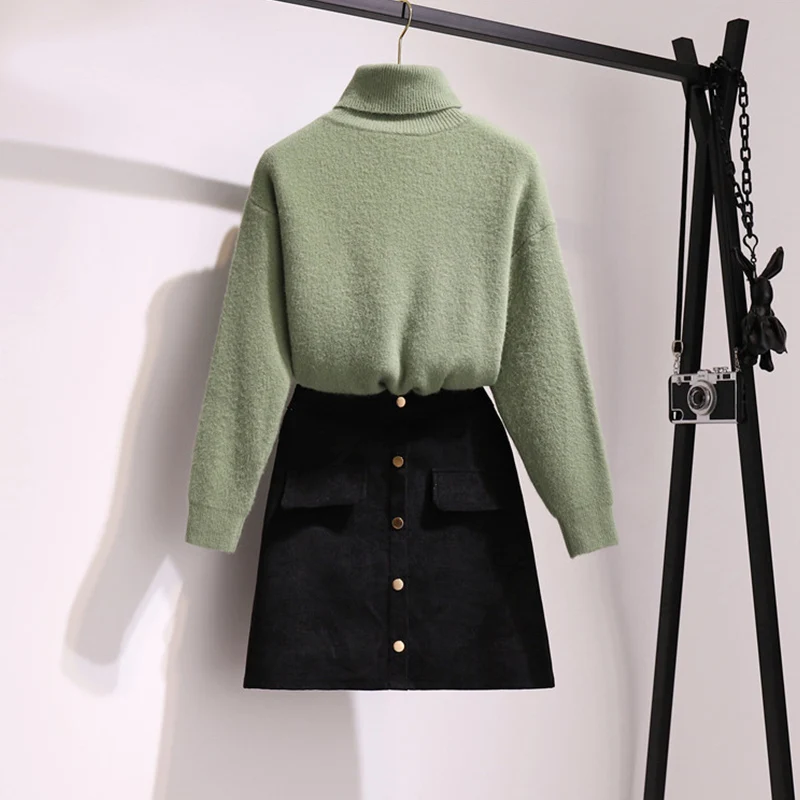 Trytree, осенне-зимний комплект из двух предметов, повседневный вязаный Однотонный свитер с высоким воротом, топ+ юбка на пуговицах, мини-комплект трапециевидной формы, комплект из 2 предметов - Цвет: Green Set