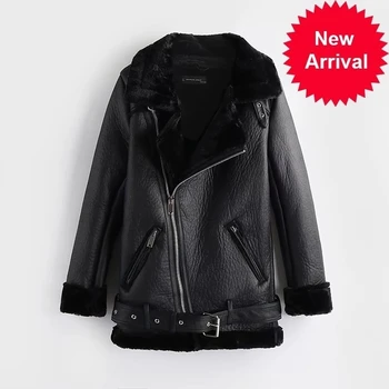 

New Winter 2020 Women Sheepskin Coats Thicken Faux Leather Fur Female Coat Fur Lining Leather Jacket Aviator Jacket