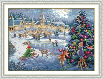 

A Christmas celebration in snow Printed Canvas DMC Counted Cross Stitch Kits printed Cross-stitch set Embroidery Needlework