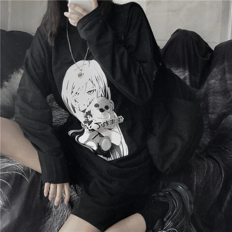 Корейский Ulzzang женские Топы Harajuku уличная одежда с длинным рукавом Графические футболки для девочек Kpop женская Япония каваи комический принт Черная футболка