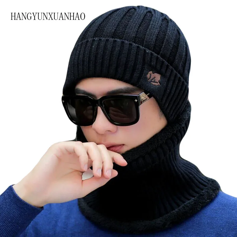 

Winter Hat Set Men Fashion Skullies Beanies With Maple Pattern Knitted Hat and Scarf Warm Women Solid Set Add Velvet Beanie