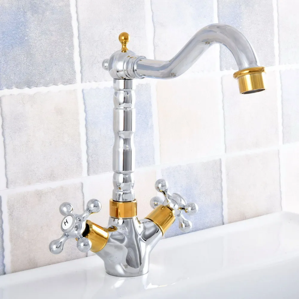 

Gold Silver Brass Bathroom Sink Faucet Basin Mixer Tap Double Cross Head Handle Single Hole Hot and Cold Water Nsf806