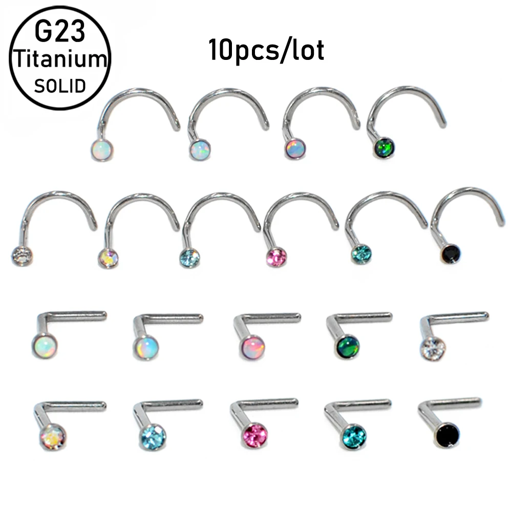 10Pcs/lot G23 Titanium Opal CZ Gem L Shape Nose Pin Studs Ring Fashion Earrings Nose Septum Body Piercing Jewelry Gift 20g