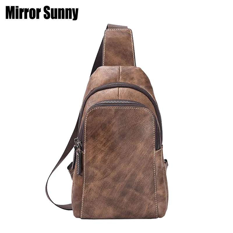 

Vintage Men's Genuine Leather Cowhide Sling Chest Back Day Pack Travel Fashion Cross Body Messenger Shoulder Bag High Quality
