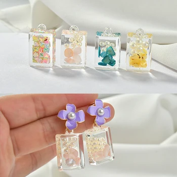 

Natural Colorful Shell Pearl Embellished Transparent Acrylic Three-dimensional Square Pendant DIY Ear Rings Accessories 2pcs