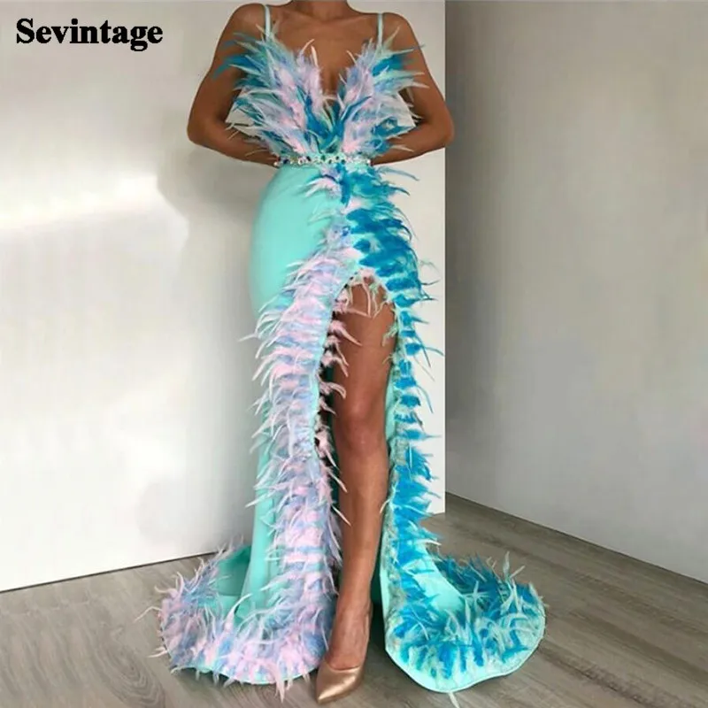 Sevintage Mermaid V-neck Slit Feathers Evening Dress Spaghetti Strap Satin Woman Pageant Gowns Crystal Court Train Prom Dresses | Свадьбы и