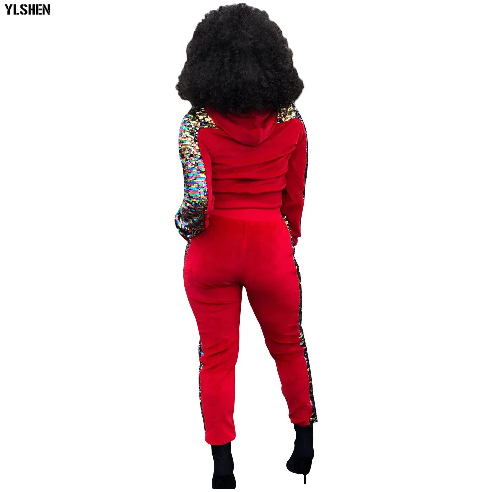 2 Two Piece Set Velvet Tracksuit Women Sexy Sequins Jogging Femme Plus Size Long Sleeve Tops +Pants Sweat Suits Matching Sets 07