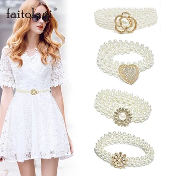 

Summer Pearl Ladies Dress Belt Elegant Flower Heart Women Waist Belt Elastic Chain Female Belt Girls Crystal Strap Waistband