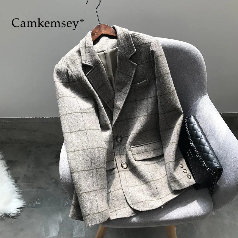 CamKemsey женские короткие зимние шерстяные пальто осенние корейские офисные женские винтажные клетчатые повседневные Костюмы