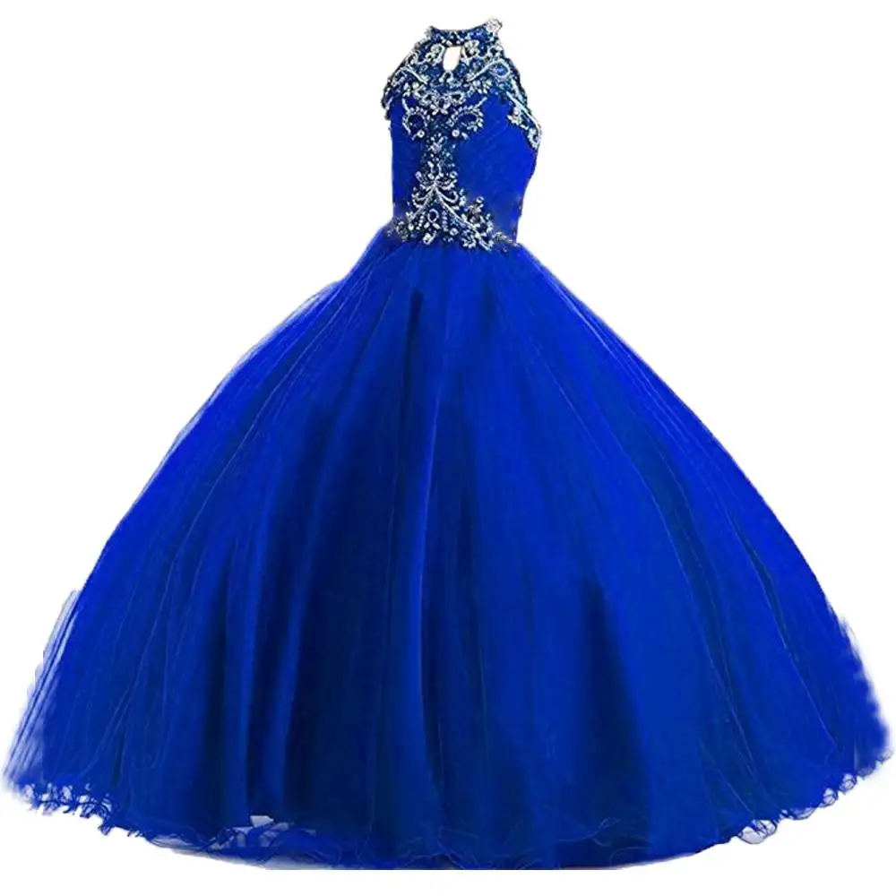 Новые Вечерние Платья с цветочным узором на бретельках для девочек, бальное платье с бисером и блестками, пышные платья Длинные тюлевые вечерние платья для детей - Цвет: Royal Blue