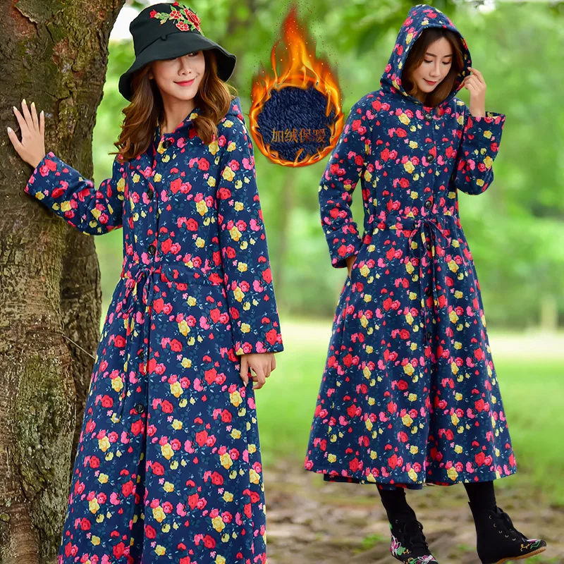 

2019 Winter New Style WOMEN'S Windbreaker Coat Printed Cotton Linen Brushed And Thick Hooded Ethnic-Style Trench Coat