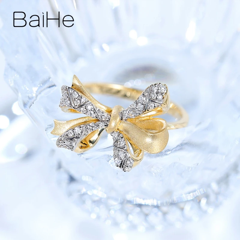 BAIHE Твердые 14 к желтое золото 0.14ct круглые натуральные бриллианты ювелирные изделия для женщин Свадебные модные ювелирные изделия на заказ ювелирные изделия кольцо с бантом