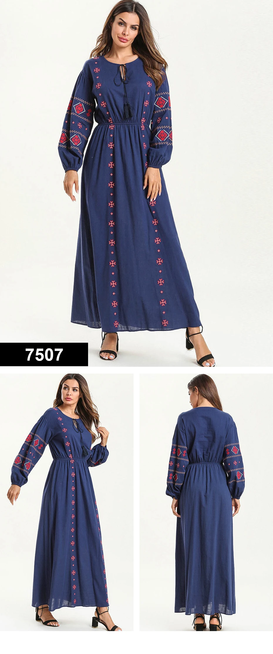 Прямая поставка, женское платье, платья макси, длинное, винтажное, Vestidos Verano Robe Femme, мусульманское, бохо, с вышивкой, свободное, с круглым вырезом, дешевая распродажа - Цвет: 7507