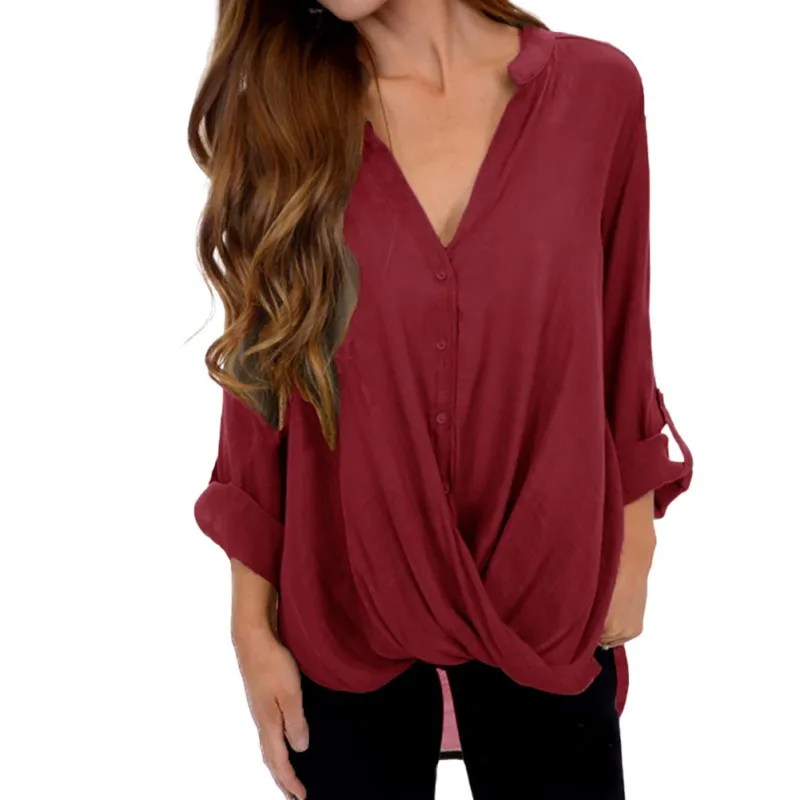 

Female Fashion Solid Long Sleeve Womens Tops and Blouses Sexy Deep V-neck Irregular Hem Blouses Ladies Button Shirt Blusas