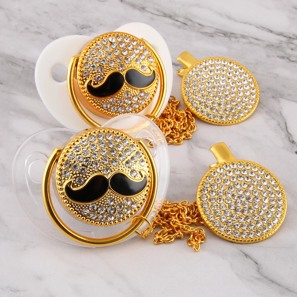 Bling Bling Moustache Baby Pacifier And Pacifier Clip Set Fashion Shiny Crystal Pacifier Safe Baby Gift