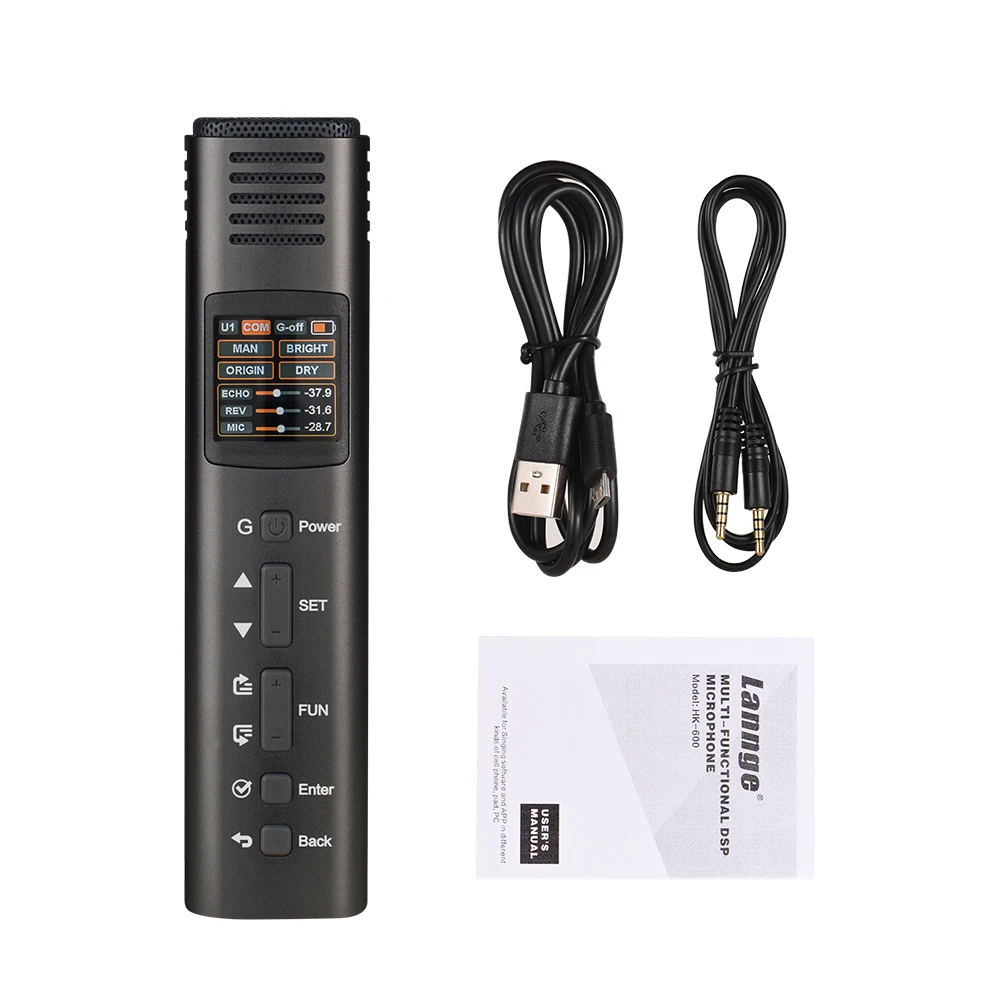 Lannge HK-600 Многофункциональный микрофон DSP однонаправленный микрофон с 1,3 дюймовым цветным ЖК-дисплеем 5 видов шаг/эквалайзер/эффект двойной - Цвет: Черный