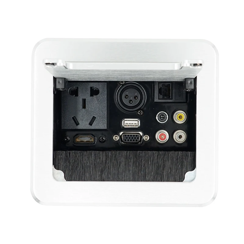 

Desktop Power Socket with Brush Dustproof Aluminum Alloy Panel with Network AV 3.5mm Audio VGA HDMI 3Pin XLR Female USB Port