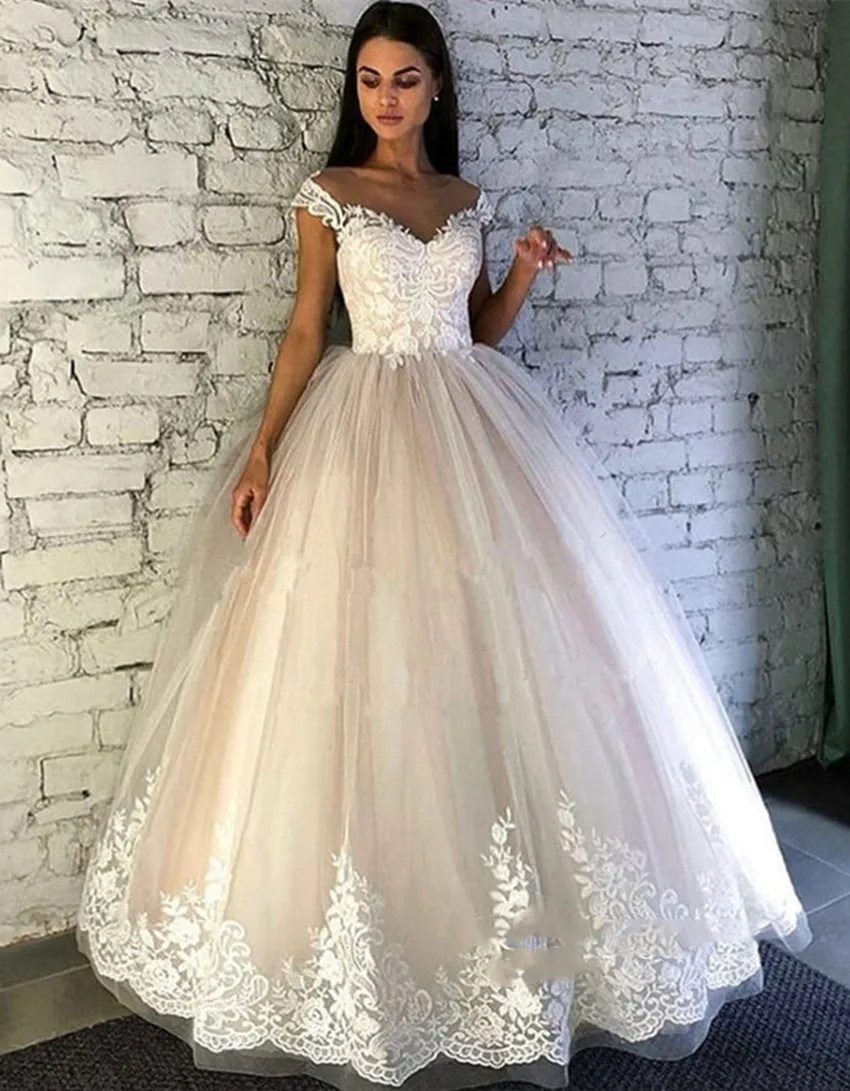 Свадебное платье цвета шампанского, Элегантный Воротник Sheer Jewel, красивое свадебное платье трапециевидной формы с кружевными аппликациями и шлейфом