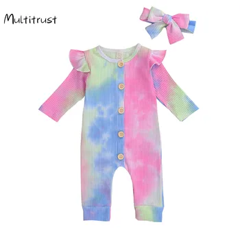 

2020 Newborn Infant Baby Girls Long Sleeve Tie-Dye Printed Ruffles Rompers Hooded Sleeveless Jumpsuits 0-18M