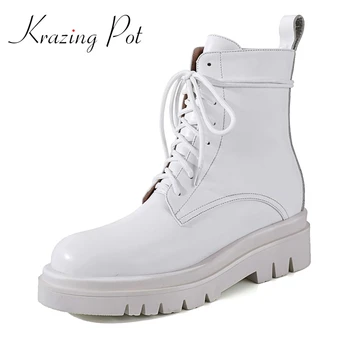 

krazing pot plus size real leather round toe thick bottom motorcycle boots classic colors young lady daily wear ankle boots L05