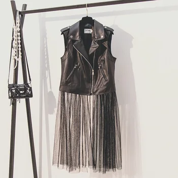 

Autumn Leather Vest Womens New Korean Fashion Pu Spliced Mesh Long Slim Sleeveless Motorcycle Leather Vest Coat Jackets Student