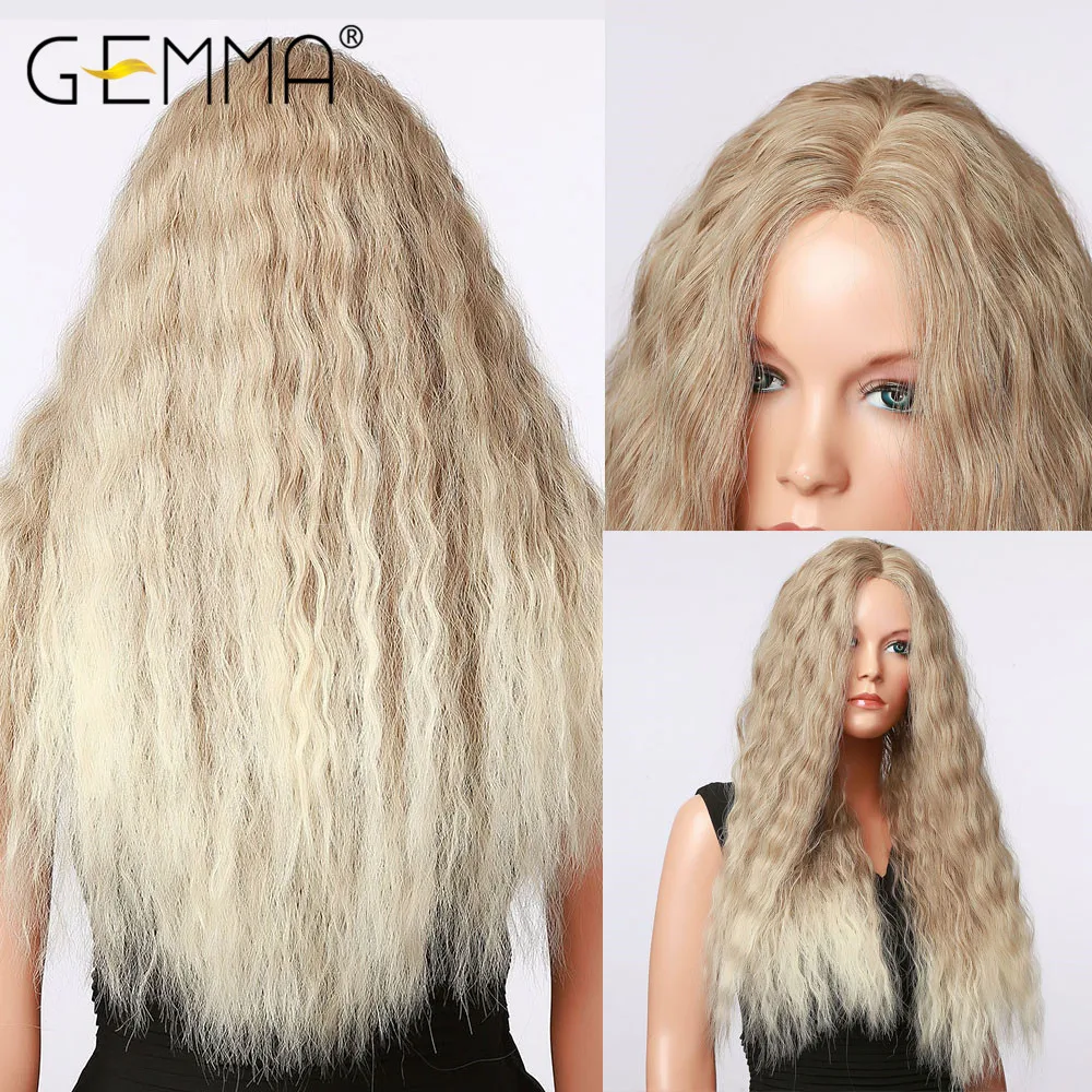 

GEMMA Long Wavy Ombre Brown Ash Gray Blonde White Wigs for Women Afro Middle Part Synthetic Wig Natural Hairline Part Small Lace