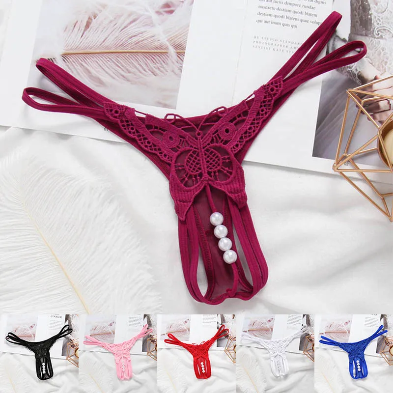 Women's Sexy Pearl Underwear Opening Crotch Sexy Panties Transparent  G-string Thong Female Lace Lingerie Low