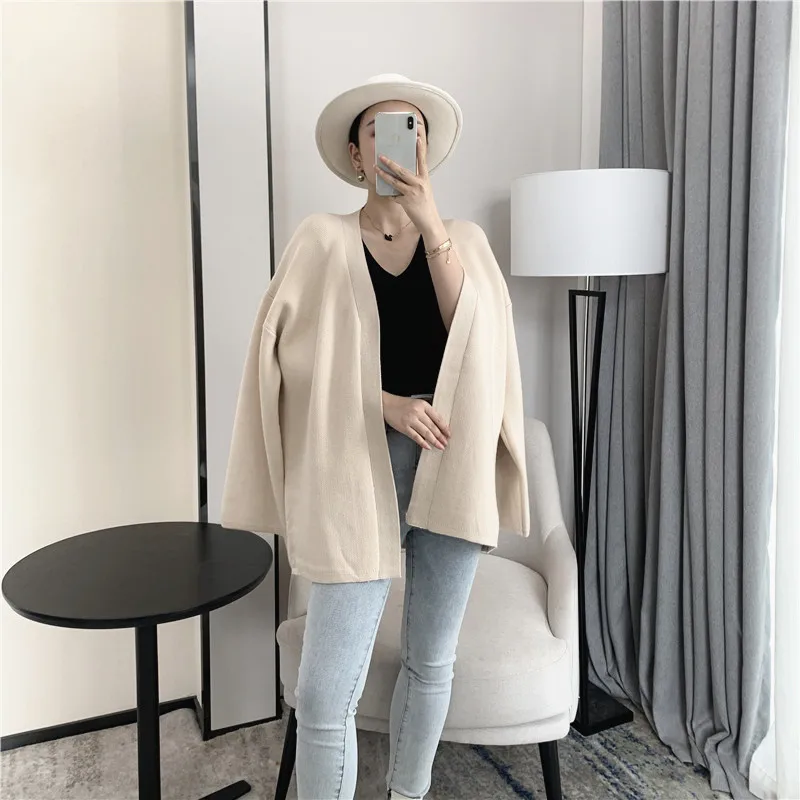 [ZAYAU]Temperament V-Neck Sweater Coat women's Autumn and Winter Thick Loose Japanese Style Slim Cardigan Middle Long Belt Top