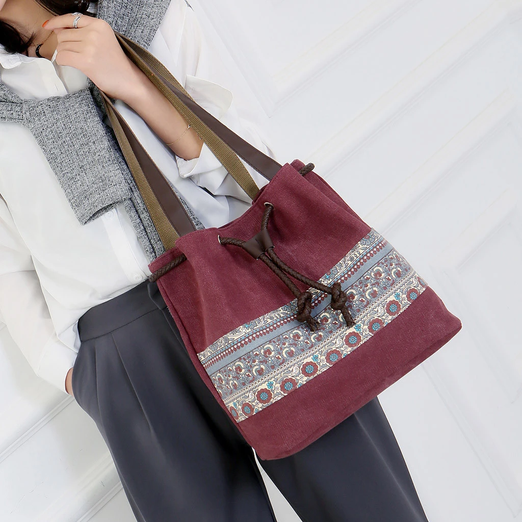 Style Canvas Handbags Women Drawstring Bucket Bag Lady Cheap Shoulder Single Shoulder Shopping Bags Floral Printed Beach Bag 820